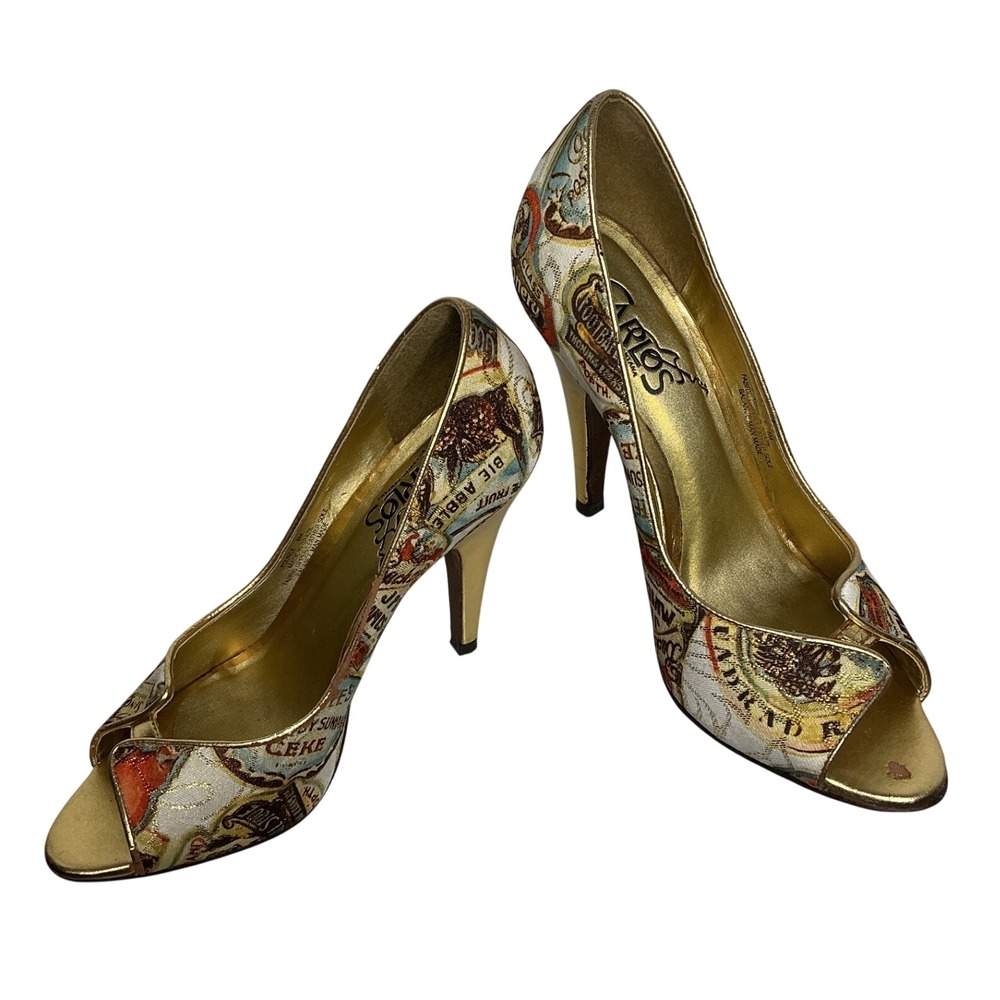 Carlos Santana Pounce Pumps Womens 6 Gold Label Print Fabric Peep Toe Stiletto